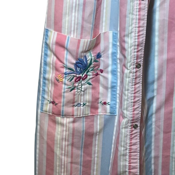 Vintage Smart Time Striped Short Sleeve Button Front House Dress With Embroidere - Picture 2 of 6